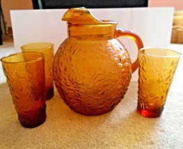 Vintage 6&quot; Orange Round Pitcher with handle and 3-8 oz. Glasses - $13.85