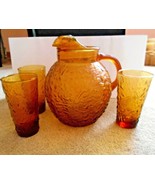 Vintage 6&quot; Orange Round Pitcher with handle and 3-8 oz. Glasses - £10.90 GBP