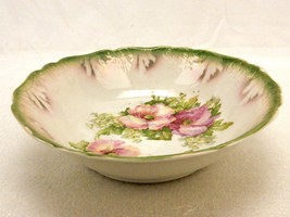 Porcelain Serving Bowl, Green Lusterware w/Pink Flowers, PRMK Vintage Germany - £19.11 GBP