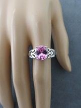 Pink Stone Ring Oval Glass Stone Rhodium Plated Silver Open Work Scrolls Size 11 - $9.99