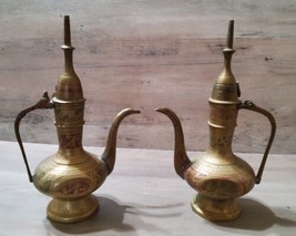 Vintage Genie Lamp Teapot Lot 2 Brass Pitcher India Ornate Etched 6.5&#39;&#39; - £21.89 GBP