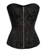 Black Brocade Steel Boned Antique Zip Corset Gothic Halloween Costume Overbust - £40.59 GBP