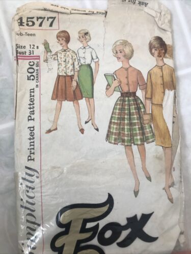 Vintage Simplicity Pattern #4577 Junior Size 12 Blouse Full Button Front Skirt - $20.42