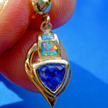 Earth mined Tanzanite Opal Deco Earrings Designer Solid 14k Gold Dangles - $2,771.01
