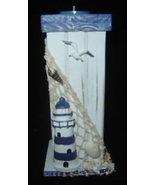 Lighthouse Tealight Holder Wood Nautical Design Blue Seaside Candle Ocean - £14.00 GBP