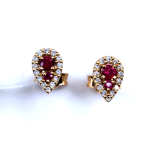 Women&#39;s Pear Stud Earrings 18k Rose Gold Halo Natural Round Diamonds Rubies - £523.73 GBP