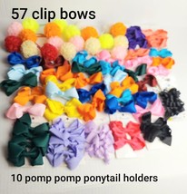 57 Pretty Colorful Clip In Hair Bows  &amp; 10 Pomp Pomp Ponytail Holders - $29.00