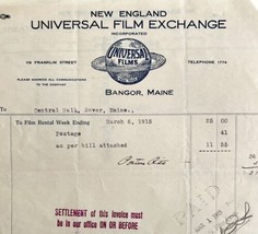 Universal Films Exchange 1915 WW2 Era Invoice Center Theater Maine DWEE3... - $39.99