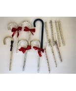 Vintage Candy Cane Glitter Ornaments Set Of 6 and 7 icicles 1950&#39;s MCM - £39.43 GBP