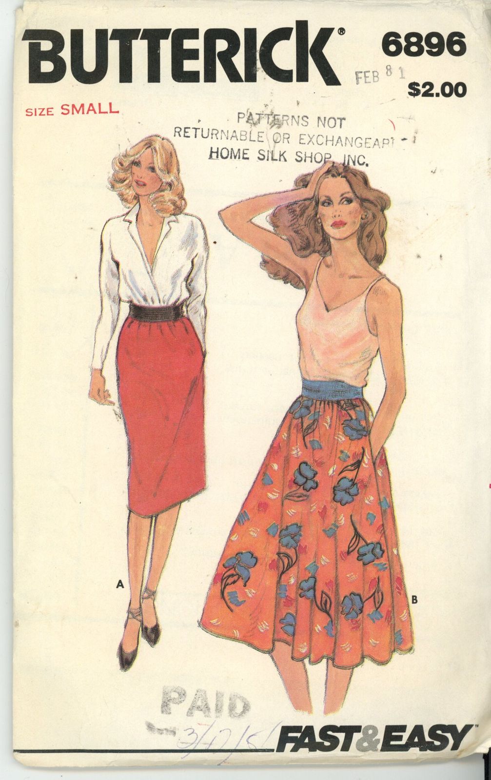 Butterick 6896 Misses Skirt Fast and Easy 2 Styles Retro Size Small 8-10 UNCUT - £3.19 GBP