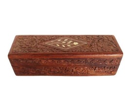 Vintage wood carved &amp; celluloid inlaid floral pattern lidded trinket box - £19.61 GBP