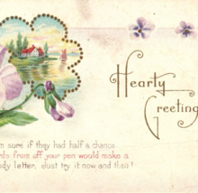 Hearty Greetings Antique 1919 Postcard Embossed Floral Poem - £7.85 GBP