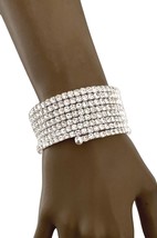 1.25" Wide Clear Rhinestones Coil Bracelet Pageant Evening Bridal Jewelry - £18.22 GBP