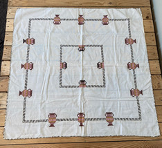 Vintage Hand Stitched Linen Tablecloth Size 33x34 White Tan Egyptian Clay Pot M9 - £24.85 GBP