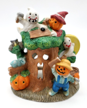 Vintage Halloween Treehouse Candle Holder Tea Light Ghost Scarecrows Pumpkins - £10.20 GBP