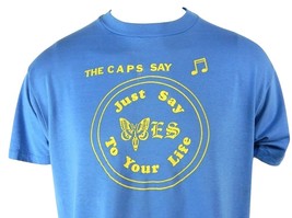 Vintage 80s Caps Say Yes To Your Life Thin 50/50 Blend Blue T Shirt XL Made USA - £27.93 GBP