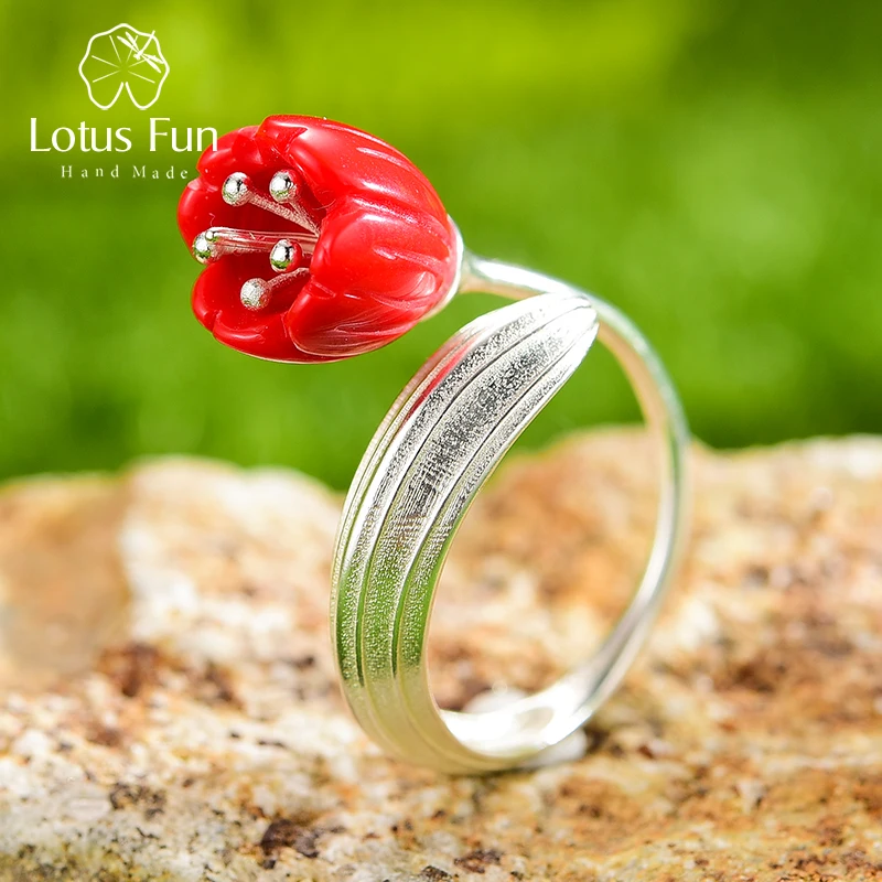 Real 925 Sterling Silver 18k Gold Ring Red Coral Handmade Fine Jewelry Lily of t - £28.87 GBP