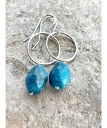 Blue Apatite Crystal Silver Earrings, Handmade Sterling Silver Hoop Earr... - $50.00