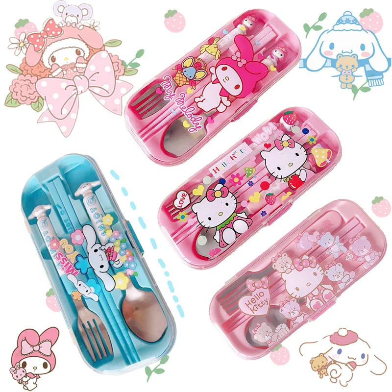 Kawaii Sanrioed Hello kitty Cinnamoroll Kuromi Spoon Fork Chopsticks Portable - £13.59 GBP