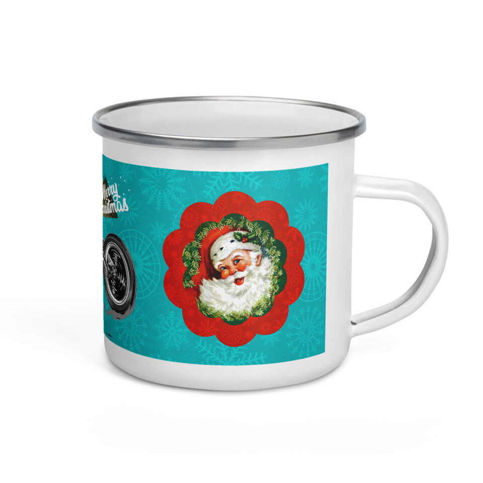 Santa Motorcycle Biker &quot;Merry Christmas&quot; Enamel Camping Style 12 oz Beve... - $20.32