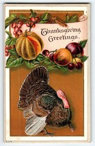 Thanksgiving Greetings Postcard Embossed Turkey Grapes Pumpkin Unused Vintage - £6.96 GBP