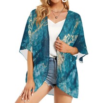 Women&#39;s Blue Gold Marble Kimono Chiffon Cover Up - £25.57 GBP