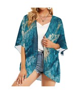 Women&#39;s Blue Gold Marble Kimono Chiffon Cover Up - $43.57 CAD