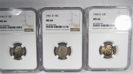 1960-D, 1961-D &amp; 1963-D Silver Roosevelt Dimes NGC MS66 Toned AJ160 - £61.61 GBP