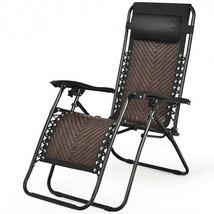 Folding Rattan Zero Gravity Lounge Chair with Removable Head Pillow-Light Brown - £103.82 GBP