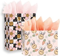 Set of 2 Pink Easter Gift Bags Boho Retro Floral Print 12x10x5inches - £17.48 GBP