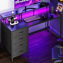 Huuger 47 Inch Computer Desk With Power Outlets And Led Lights, Gaming, Black - £110.47 GBP