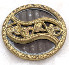 Antique Black Glass Button Gold Luster Detailed Ribbon &amp; Crest Metal Sha... - $6.50