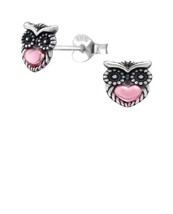 925 Sterling Silver Pink Heart Owl Stud Earrings gift bag - £6.05 GBP