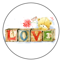 12 LARGE TEDDY BEAR LOVE STICKERS ENVELOPE SEALS LABELS 2.5&quot; ROUND FLORA... - $5.99