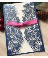 50pcs Pearl Navy Blue Laser cut Wedding cards,laser cut wedding invites ... - $60.40