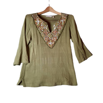 Soft Surroundings Womens XS Blouse Green 3/4 Sleeve V Neck Thick Embroidery Boho - £14.15 GBP