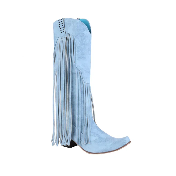 Ochanmeb Retro Tel Western Boots Women Block Medium Heel Fringe Kneehigh girl bo - £116.44 GBP