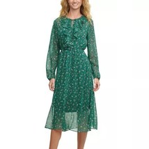 Tommy Hilfiger Womens 2 Green Floral Ruffled Long Sleeve Midi Dress NWT BD26 - £50.28 GBP