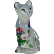 Fenton Lenox Figurine Art Glass Seated Cat Clear Flower Floral Painted Signed 4&quot; - £51.38 GBP