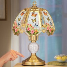 3-Way Touch Table Lamp Floral Butterflies Scene Glass Gold Base Home Decor - £44.17 GBP