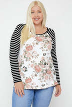 Plus Size Peach Orange Floral Top Featuring Raglan Style Striped Sleeves... - $19.00