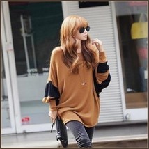 Long Casual Loose Brown Jersey Knitted Pull Over Crew Neck Batwing Sleeved Shirt