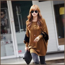 Long Casual Loose Brown Jersey Knitted Pull Over Crew Neck Batwing Sleeved Shirt image 2
