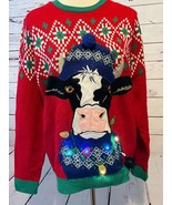 Holiday Time Ugly Christmas Sweater Lights Up Unisex Medium 38 40 Cow Fa... - $39.01