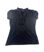 August Silk Shirt Womens Large Black Pullover Short Sleeve Ruffles V Nec... - $8.06 CAD