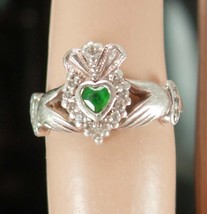 12 Diamond IRISH Claddagh Ring Vintage sterling Chrysoprase Ireland silver Celti - £115.63 GBP