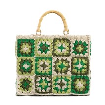 Bohemian Large Crochet Tote Bag Vintage Bamboo Handle Women Handbgs Granny Squar - £117.85 GBP