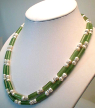 Vintage 90s Double Strand 20&quot; Real Jade Pearl &amp; Crystal Necklace &amp; Earrings Set - £109.92 GBP