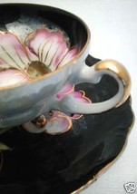 Black &amp; White Luster Ware With Wild Poppy Motif Tea Cup - £24.69 GBP