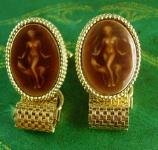 Egyptian Queen Nude Cufflinks Saluki dog Art deco glass reverse carved intaglio  - £179.85 GBP